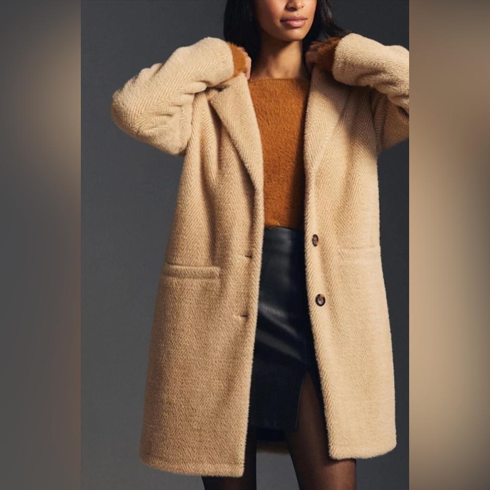New Anthropologie Sanctuary Hometown Fuzzy Knit Coat Light Sand - Picture 6 of 12